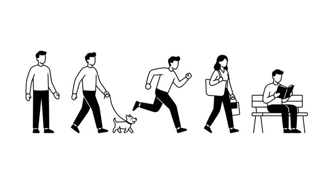 People doing various everyday activities such as walking a dog running with enthusiasm carrying bags shopping and sitting on a bench reading a book drawn in a classic line art style