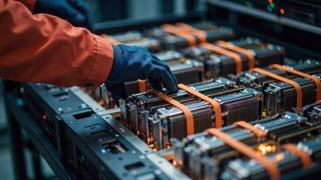 A technician wearing gloves maintains hardware inside a cryptocurrency mining rig. This server room image illustrates industrial computing and blockchain technology maintenance.