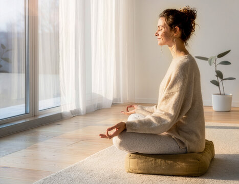 Peaceful Woman Practicing Mindfulness at Home by Large Window &ndash; Wellness, Relaxation and Mental Wellbeing Concept