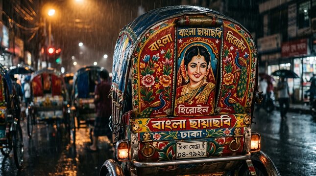 Colorful rickshaw with portrait art on a busy city street