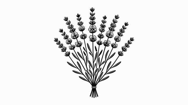Hand drawn engraving style sketch of blooming lavender bunch bouquet featuring stems and leaves arranged harmoniously for traditional botanical projects and vintage herbal design decoration