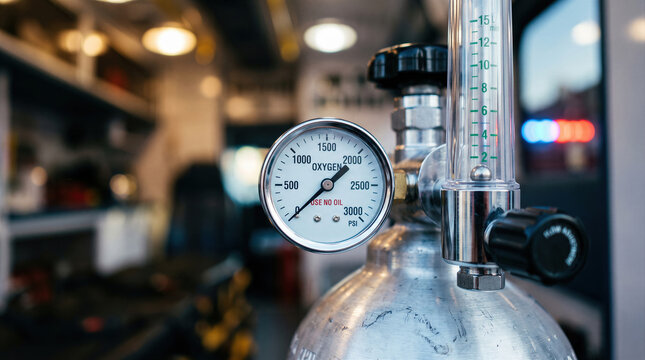 Medical oxygen cylinder regulator gauge and flowmeter in ambulance for paramedic emergency respiratory care.