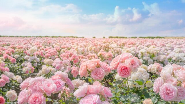 Beautiful blooming pink and white roses in a vast flower field under a bright blue sky with fluffy clouds