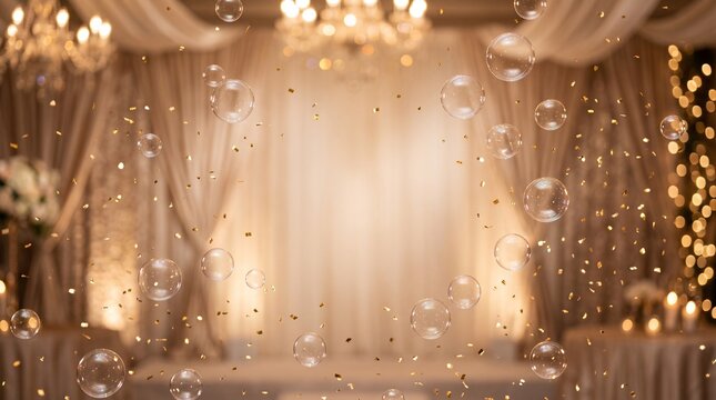 Elegant wedding backdrop with floating bubbles and warm lighting.