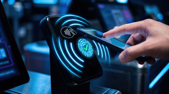 Contactless payment transaction on smartphone terminal with biometric fingerprint authentication for fintech checkout.