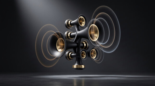 Horn loudspeaker emitting soundwave for audio speaker acoustics, broadcast, amplification, megaphone and sonic.