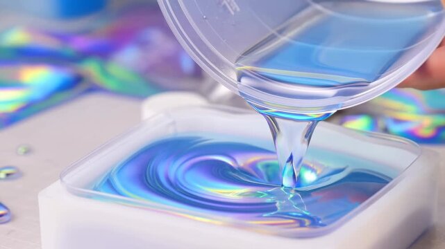 Close-up of clear blue iridescent liquid pouring from transparent cup into white container, with hand guiding flow over glossy rainbow reflections in bright pastel macro scene