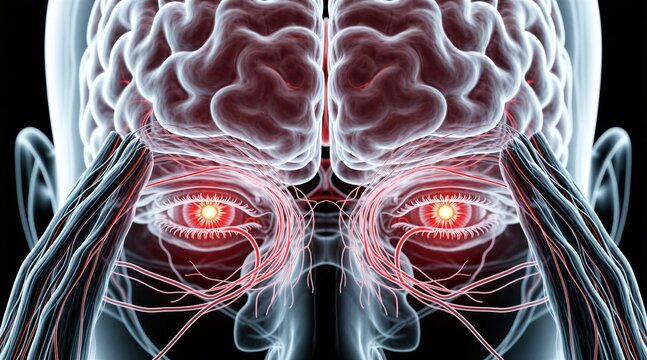Anatomical view of human brain with glowing red nerves showing migraine headache, eye strain symptoms. Medical illustration highlights trigeminal nerve clusters affecting ocular vision, cranial