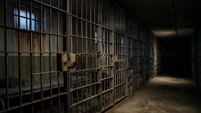 Dark abandoned prison corridor with old rusty metal jail cells and dim lighting