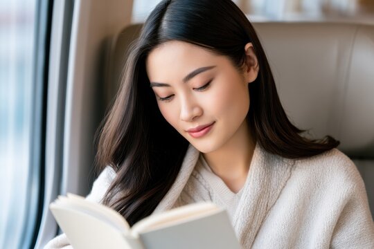 Young Asian woman reading a book while seated in a modern high-speed train carriage, soft natural light illuminating her face and the pages of the book