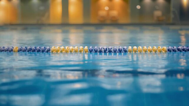 Indoor swimming pool lane divider with clear blue water and blurred background lights