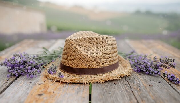Rustic straw hat on wooden table with lavender, summer fedora in rural landscape, country lifestyle still life with sun hat
