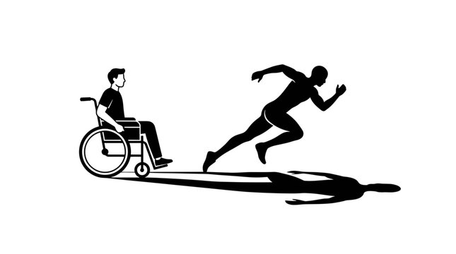 Silhouette of an athlete in motion casting a long shadow while a person in a wheelchair looks on conveying a powerful message of ambition and aspiration towards achieving athletic goals and