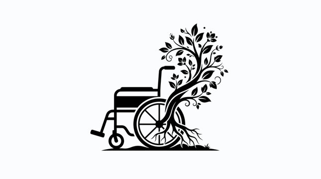 A symbolic black and white silhouette artwork depicting mobility equipment merging gracefully with growing tree branches and flourishing leaves representing healing recovery and vitality through