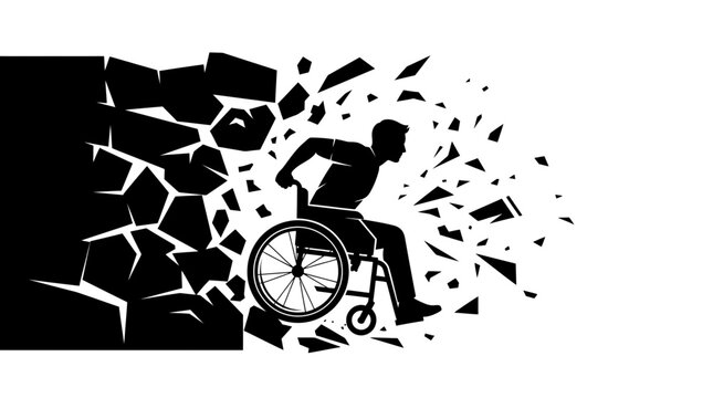 A determined person using a mobility device breaks through a heavy barrier symbolising resilience and triumph over personal challenges and physical obstacles during daily life struggles