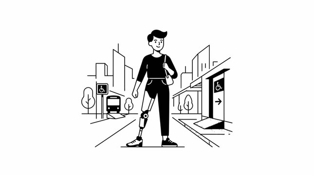 A disabled person with a prosthetic limb standing outdoors in a city street showcasing urban accessibility features and inclusivity for physically impaired citizens moving through the town