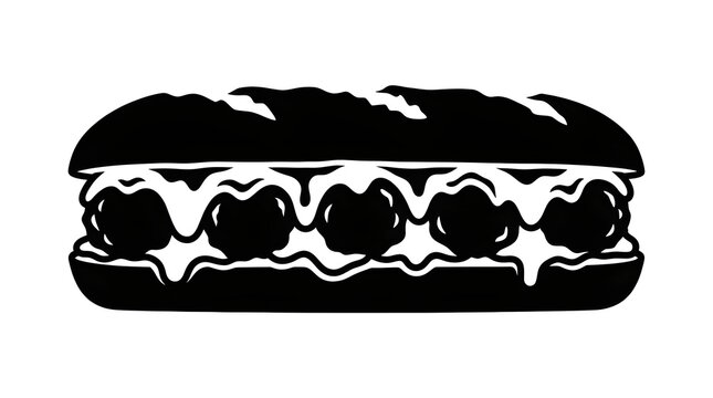 Black and white silhouette illustration of a delicious meatball sub sandwich with melting cheese. Perfect for fast food menus, logos, and food graphics