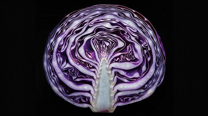 Obraz premium Cross section view showing intricate natural patterns inside fresh organic red cabbage vegetable half with displays perfectly centered cabbage