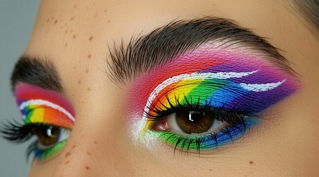 Close up eye with vibrant rainbow makeup artistic design. Woman sports creative eyeshadow and bold eyelashes. Pride colors express diversity and celebration.
