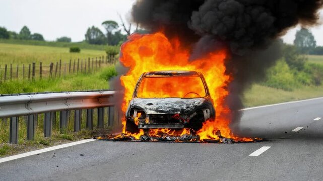 Vehicle burns intensely on highway shoulder as flames engulf front end and black smoke rises