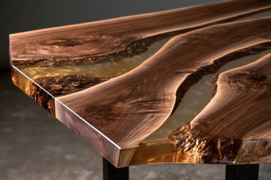 Handcrafted live-edge walnut table with translucent amber epoxy resin, showcasing natural grain patterns and organic edges in a close-up three-quarter view