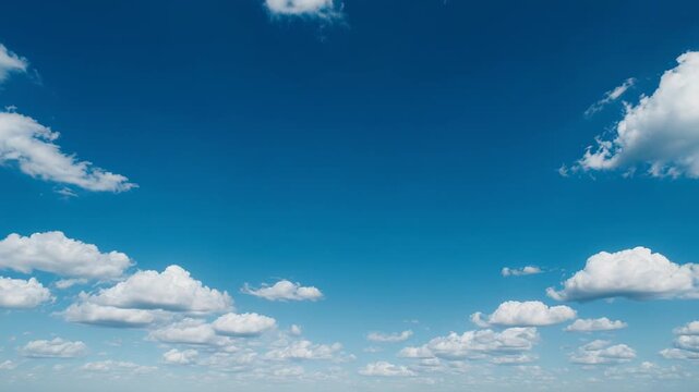 Fluffy white clouds drift across a vast blue sky during golden hour with gentle aerial perspective