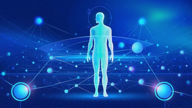 Futuristic digital human network with glowing connections and technology concept in blue background