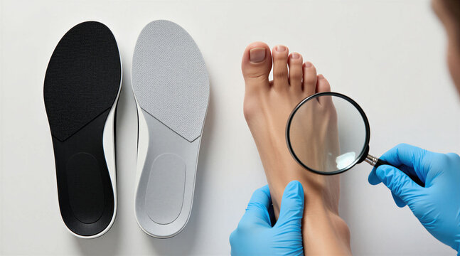 Podiatrist examines foot with custom orthotic insoles. Doctor checks leg arch support for pain relief. Footwear insert offers arch stability, flat feet correction, biomechanical balance.