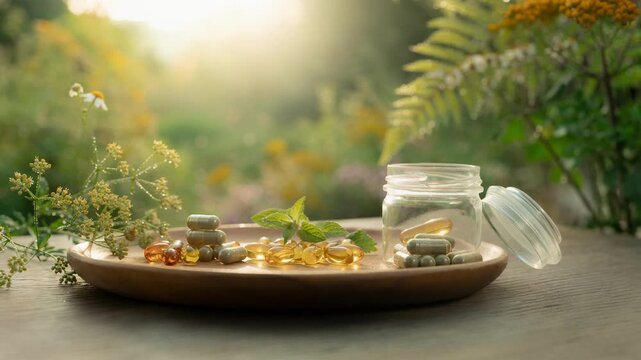 Natural supplements and vitamins on wooden plate with fresh herbs in sunlight outdoors