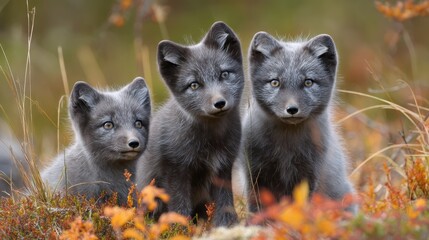 Naklejka premium Mother Arctic fox with her young ones in a snowy habitat
