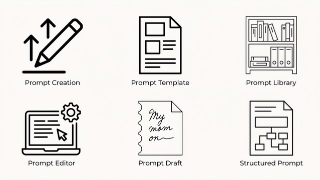 Set of AI prompt management icons isolated on white background. Useful for design layouts in software development and artificial intelligence interface projects.