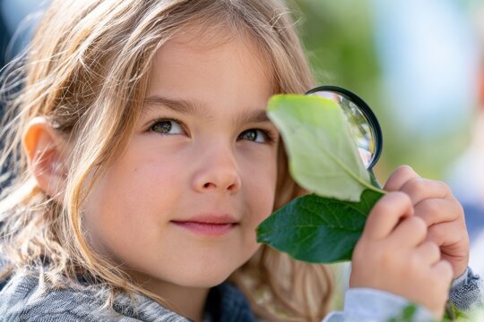 Child examining green leaves with a magnifying glass during an outdoor environmental lesson, close-up portrait with blurred nature background and clean copy space