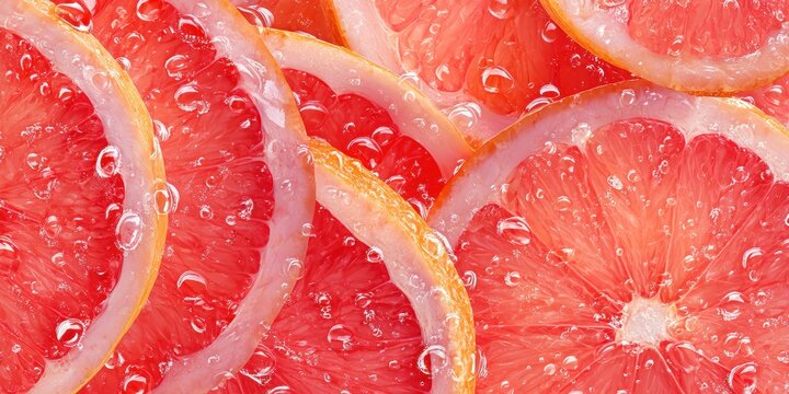 Close-up of grapefruit slice shows its pale orange interior and white pith, highlighting the detailed radial arrangement of seeds seen under magnification