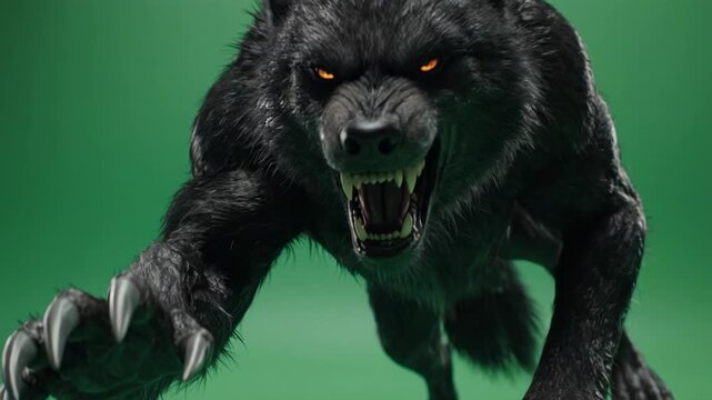 Fierce werewolf creature lunging forward with glowing red eyes on green screen background