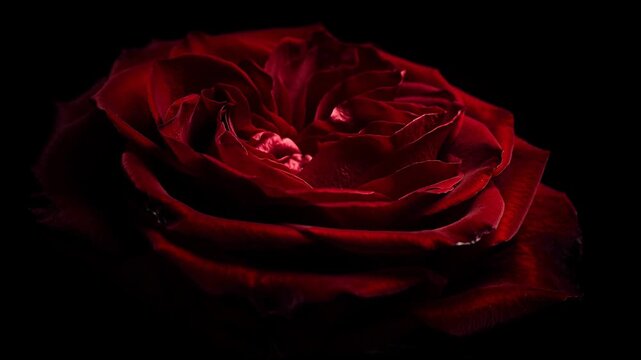 Close up of deep red rose flower with velvety petals against black background