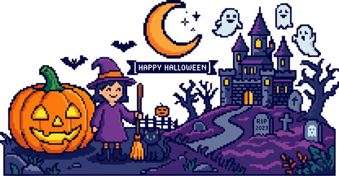 Retro pixel art style happy Halloween banner with spooky haunted castle scene
