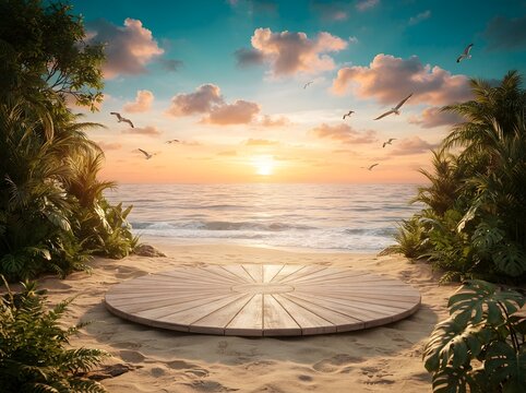 Tropical beach scene with wooden platform and sunset sky for product presentation