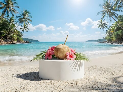 Tropical coconut drink with hibiscus flowers on a white pedestal by a beach