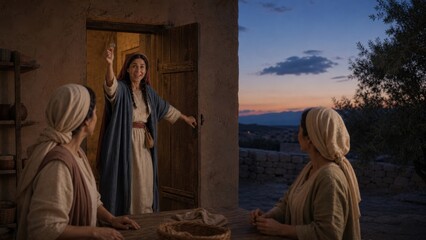 Fototapeta premium Woman rejoicing after finding a lost coin and sharing the news with friends at her ancient home. Biblical parable of the lost coin from the Gospel of Luke, faith and redemption concept.