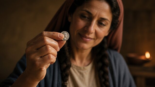 Woman holding a recovered coin beside a candle. Biblical parable of the lost drachma symbolizing diligent search, spiritual redemption, repentance, and heavenly joy from Luke 15.