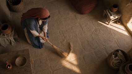 Fototapeta premium Biblical woman sweeping a humble room while searching for a lost coin. Parable of the lost drachma from the Gospel of Luke. Faith, repentance and joyful redemption concept.