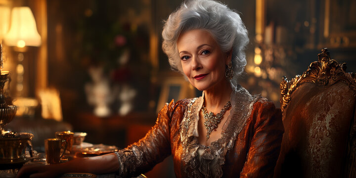 An opulent portrait of an elderly aristocratic noblewoman dressed in detailed historical baroque attire inside a lavish palace room