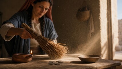 Naklejka premium Woman sweeping a humble room while searching for a lost coin. Biblical parable of the lost drachma, faith, repentance, and heavenly joy from the Gospel of Luke.