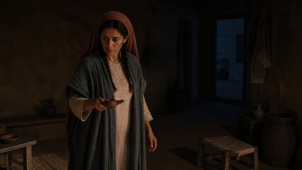 Naklejka premium Woman holding an oil lamp while searching for a lost coin inside a humble ancient home. Biblical parable of the lost drachma, faith, repentance and joy in spiritual salvation.