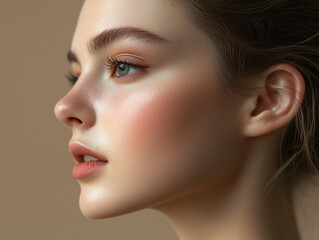 Fototapeta premium A close-up side profile studio portrait of an attractive young Caucasian woman showcasing flawless glowing skin delicate facial features natural cosmetics and soft lighting.