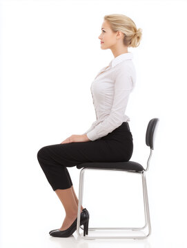 Side full body view of a blonde woman in white shirt and dark trousers sitting with proper posture on a chair