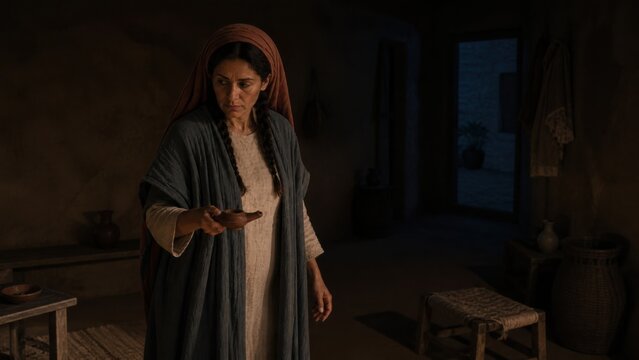 Woman holding an oil lamp while searching for a lost coin inside a humble ancient home. Biblical parable of the lost drachma, faith, repentance and joy in spiritual salvation.