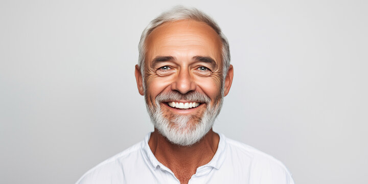 A clean studio headshot of a friendly mature man with short grey hair and a well-groomed beard smiling toothily while wearing a casual white polo shirt.