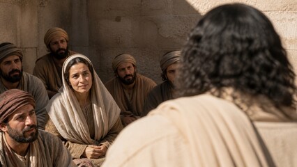 Fototapeta premium Jesus teaching a woman and men in a biblical stone room. Parable of the lost coin, repentance, forgiveness, faith, and joy in heaven from the Gospel of Luke.