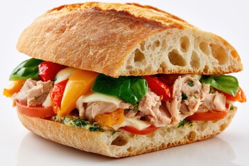 Obraz premium Rustic Mediterranean ciabatta sandwich filled with flaky tuna, roasted bell peppers, fresh basil, sliced tomato, melted cheese, and creamy herb pesto on a white background
